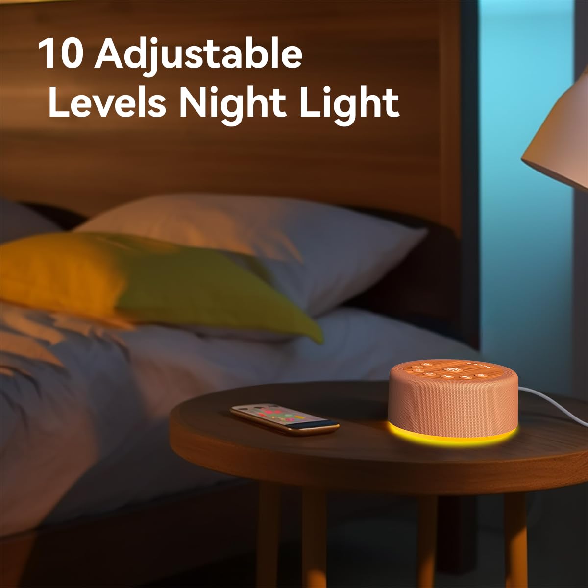 Hushing Sleep Sound Machine – 30 Non-Looping Sounds, 12 Night Lights, 5 Timers, 36 Volume Levels, Memory