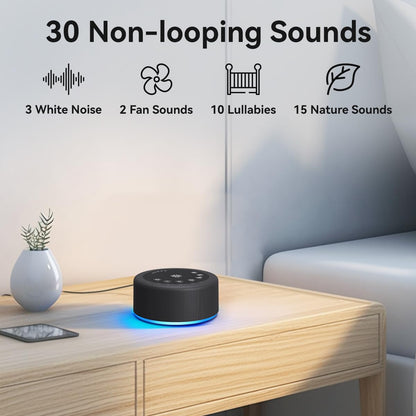 Hushing Sleep Sound Machine — 30 Non-Looping Sounds, 12 Night Lights, 36 Volume Levels, Memory & Timers