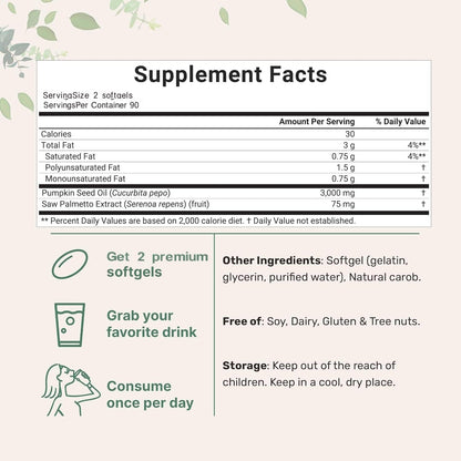 HWAXIGO Pumpkin Seed Oil Capsules with Saw Palmetto – 3000mg Cold-Pressed (180 Softgels) for Hair Growth & Prostate Support