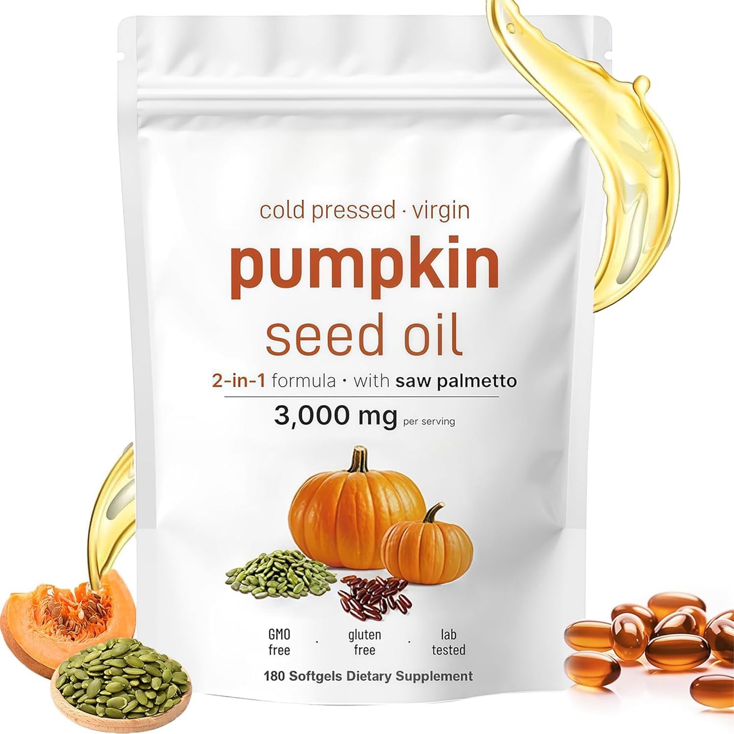 HWAXIGO Pumpkin Seed Oil Capsules with Saw Palmetto – 3000mg Cold-Pressed (180 Softgels) for Hair Growth & Prostate Support