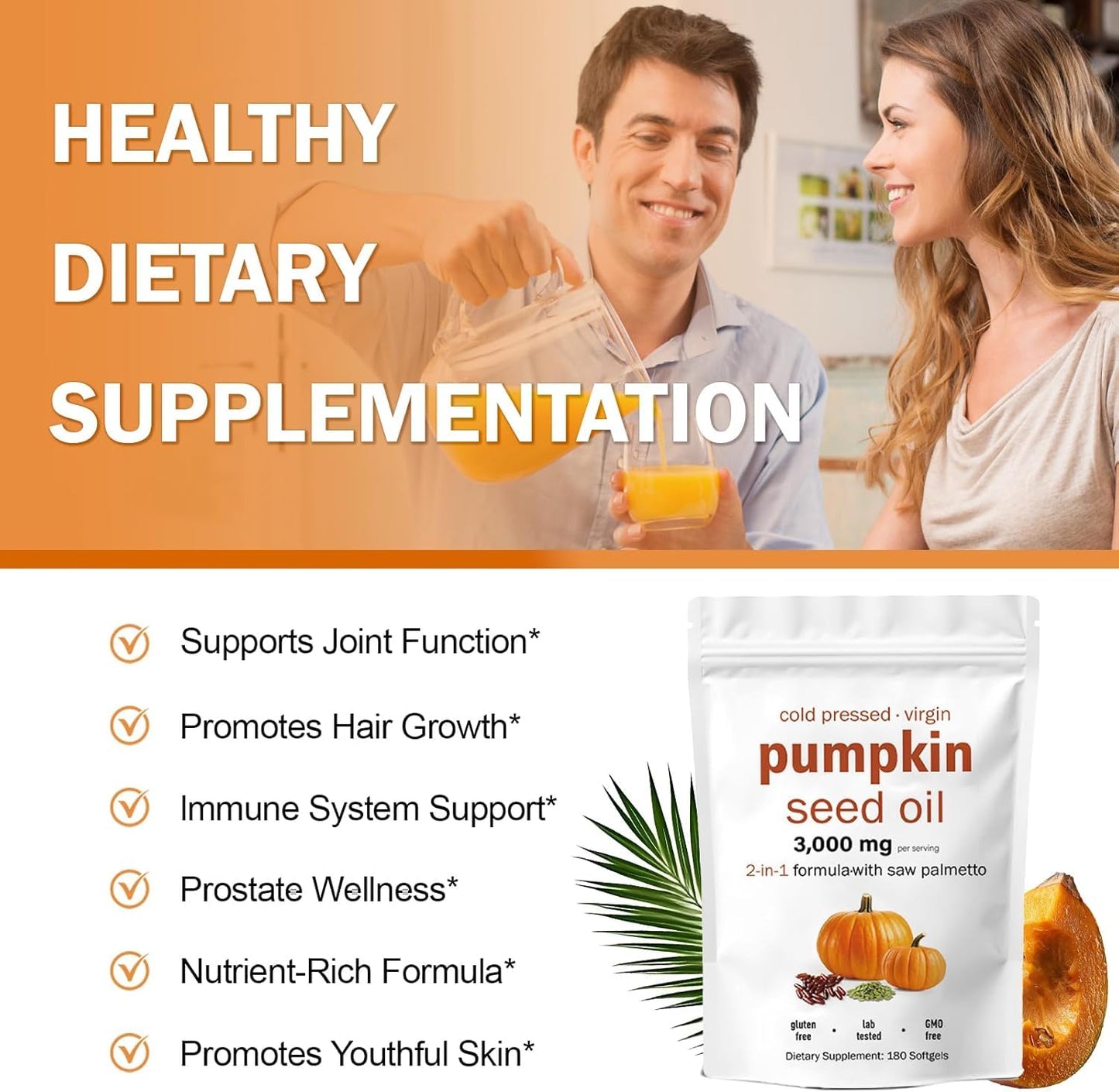 HWAXIGO Pumpkin Seed Oil Capsules with Saw Palmetto – 3000mg Cold-Pressed (180 Softgels) for Hair Growth & Prostate Support