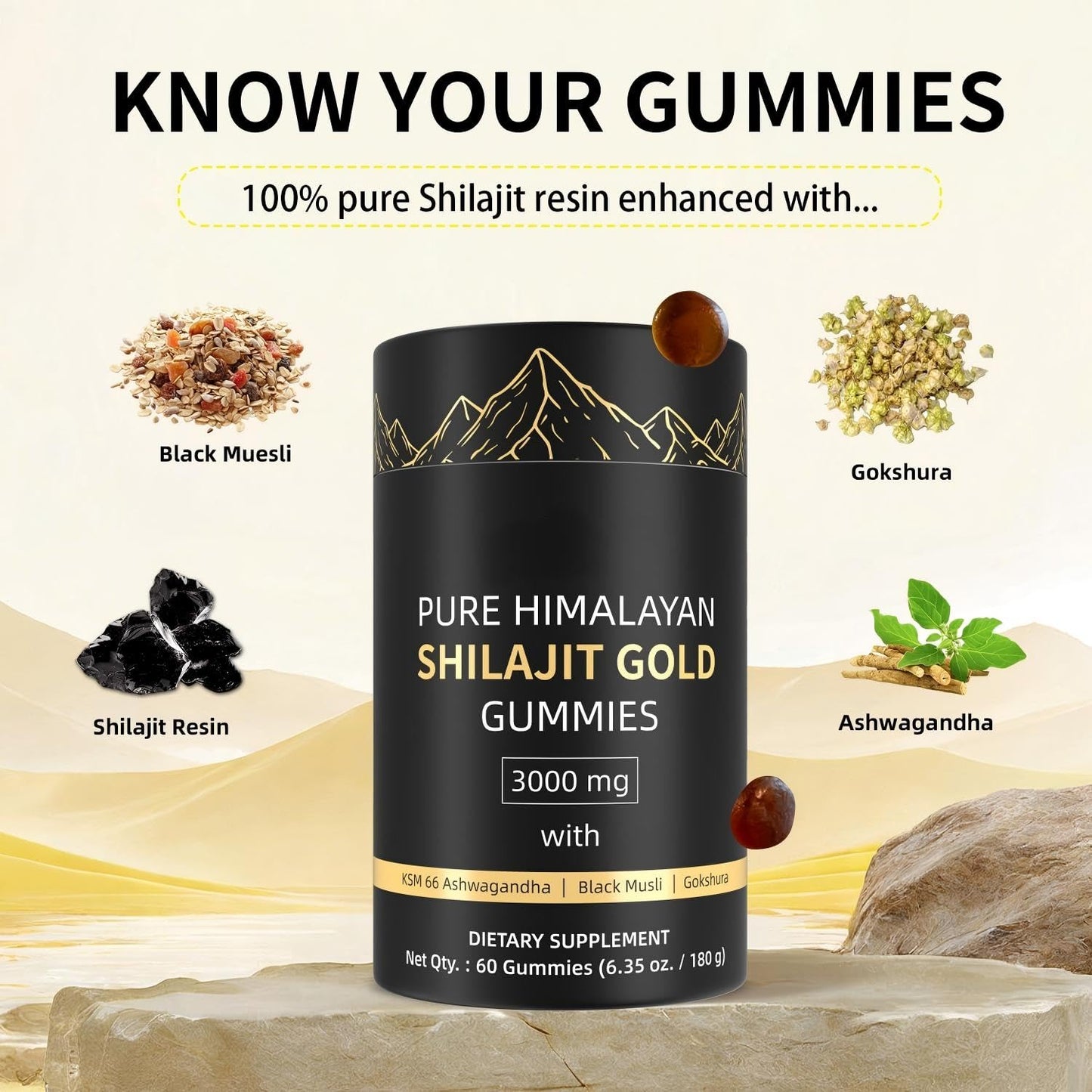 HWAXIGO 3000mg Himalayan Shilajit Gummies Gold – Organic, Non-GMO, 60 Gummies
