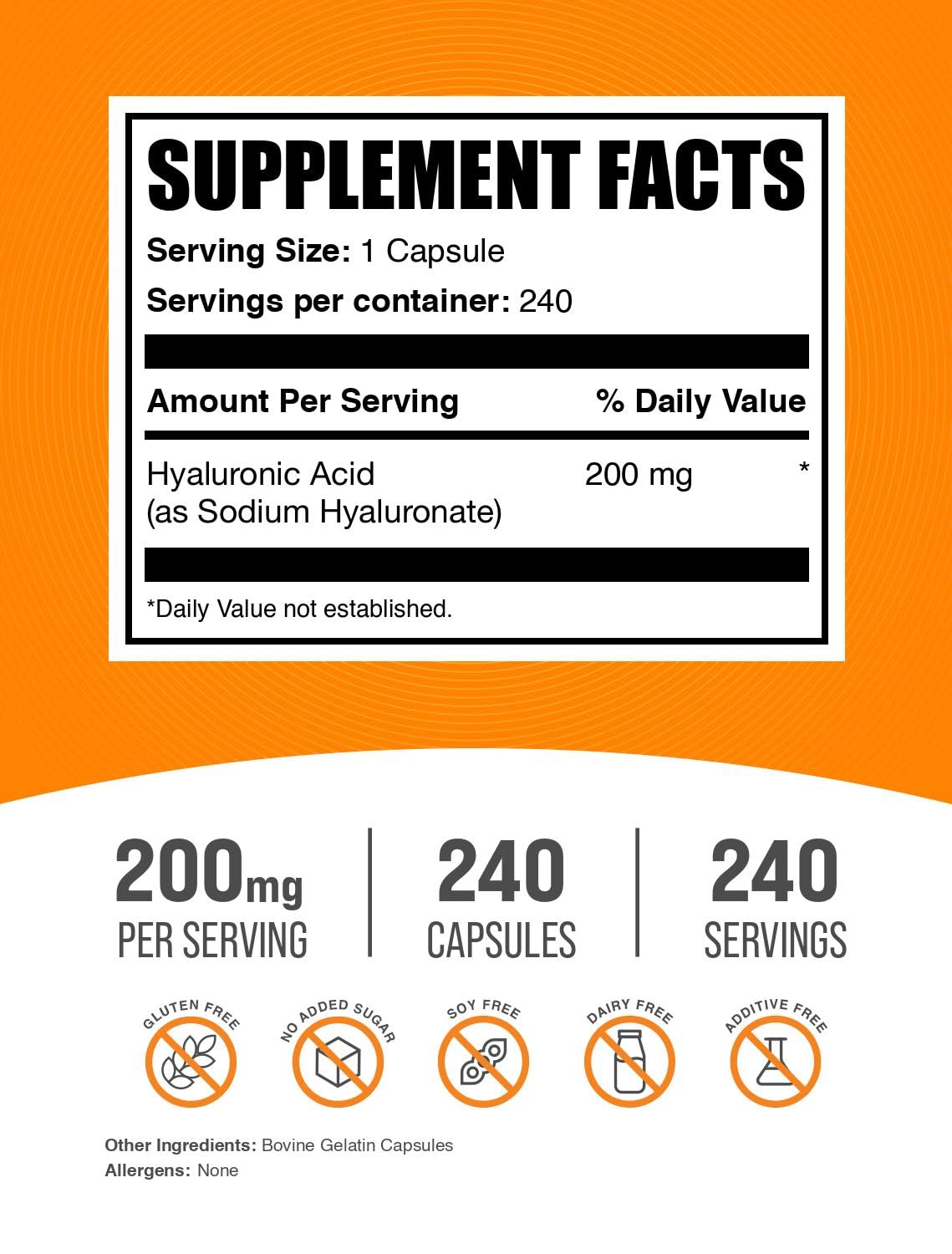 BulkSupplements Hyaluronic Acid Capsules 200mg – 240 Count, Gluten Free
