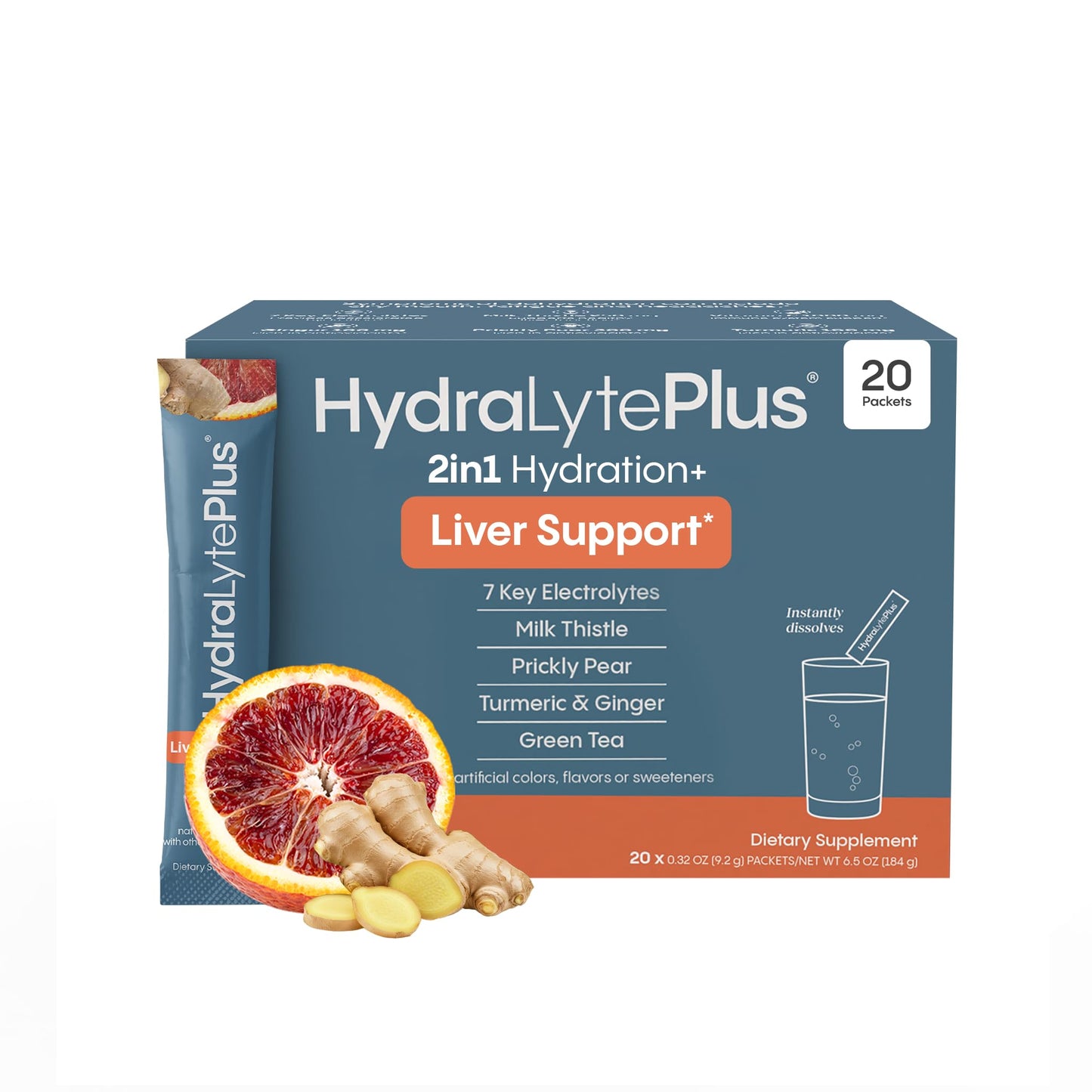 Hydralyte Liver Support + Electrolyte Mix – Milk Thistle, Turmeric, Ginger, Prickly Pear, Green Tea (Blood Orange Ginger, 20 Packets)