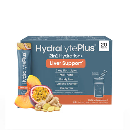 Hydralyte Liver Support + Electrolyte Mix – Milk Thistle, Turmeric & Ginger (Peach Passion Ginger, 20 Packets)