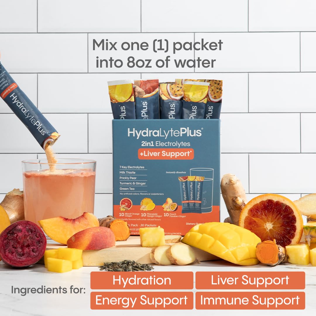 Hydralyte Liver Support + Electrolyte Mix – Milk Thistle, Turmeric & Ginger (Peach Passion Ginger, 20 Packets)