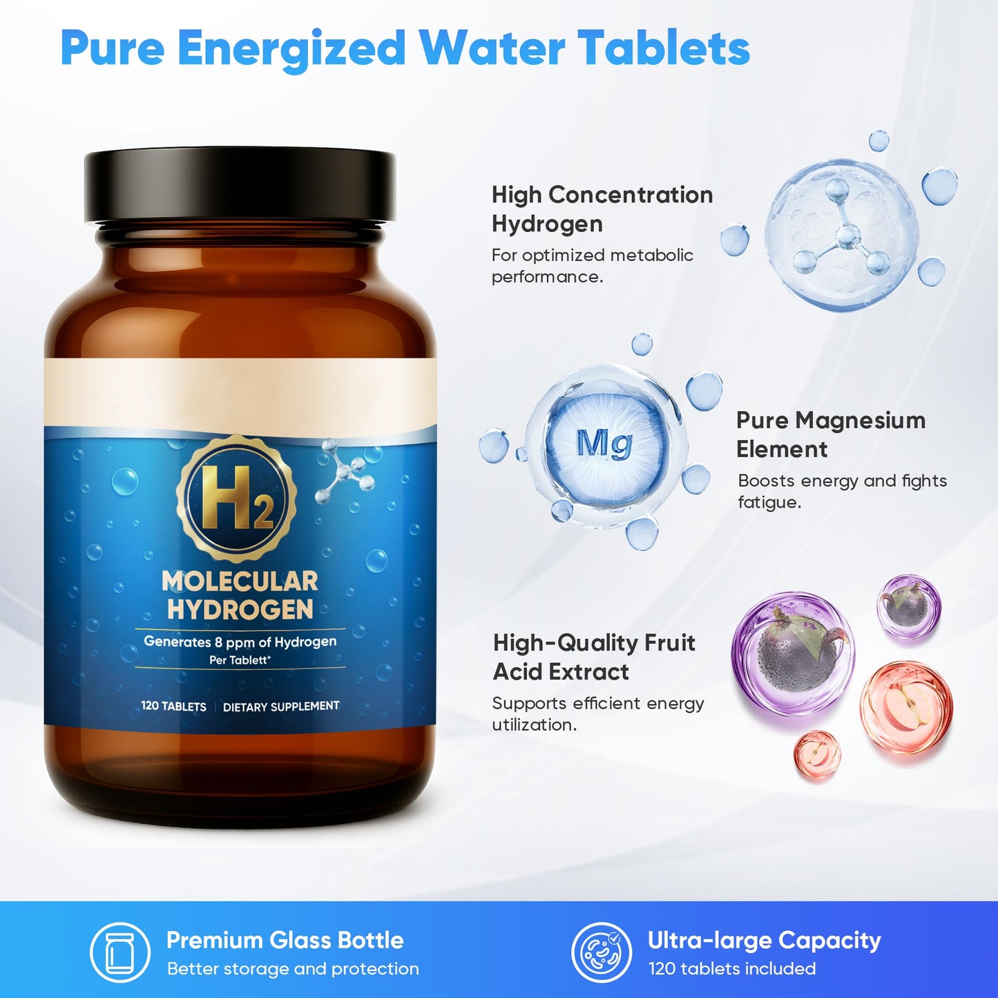 Molecular Hydrogen Tablets 8ppm (120 Count) with Magnesium