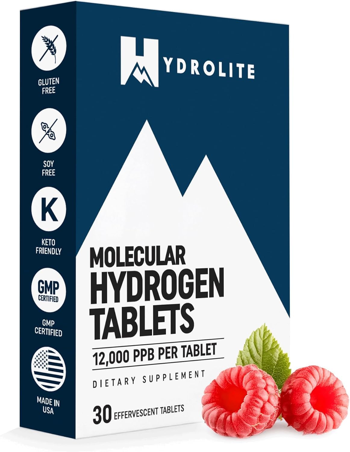 HydroLite Molecular Hydrogen Tablets with Magnesium | 12,000 PPB H2 – Raspberry | Made in USA, 30 Tablets