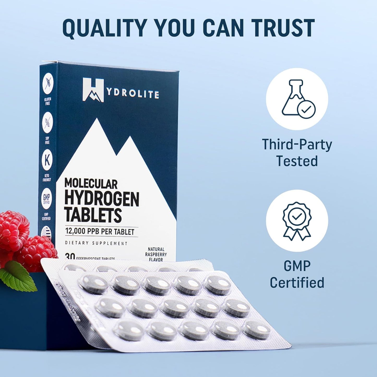 HydroLite Molecular Hydrogen Tablets with Magnesium | 12,000 PPB H2 – Raspberry | Made in USA, 30 Tablets
