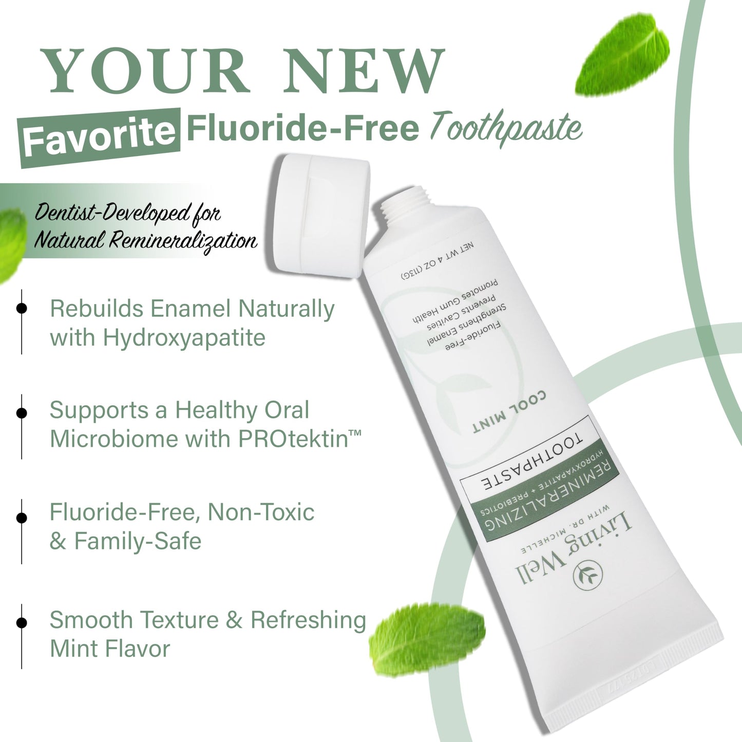 Hydroxyapatite Toothpaste – Fluoride-Free Remineralizing Formula with PROtektin – Mint, 4 oz