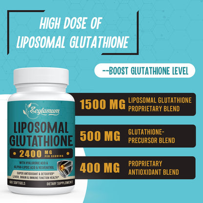 Zeylamum 2400mg Liposomal Glutathione Softgels – Max Absorption, Hyaluronic Acid & Resveratrol, 600 Softgels