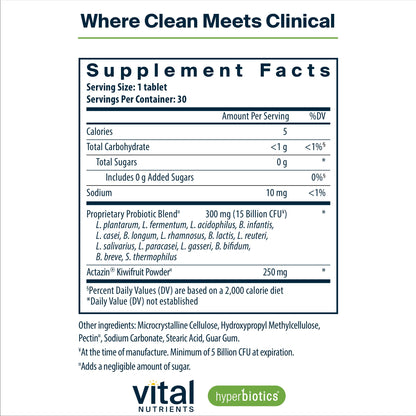 Hyperbiotics Vital Nutrients Pro-15 Probiotics – 15 Strains + Kiwifruit | 30 Vegan Tablets