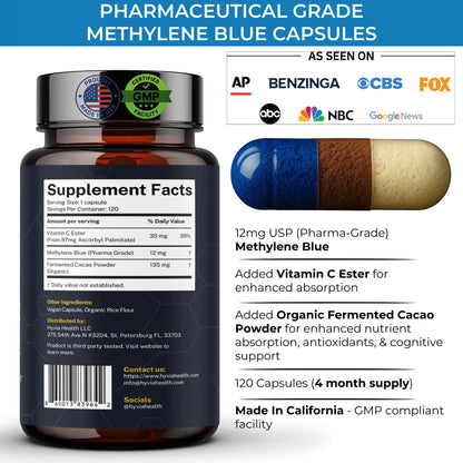 Hyvia Health Methylene Blue Capsules with Vitamin C – 120ct, USP Grade, Made in USA