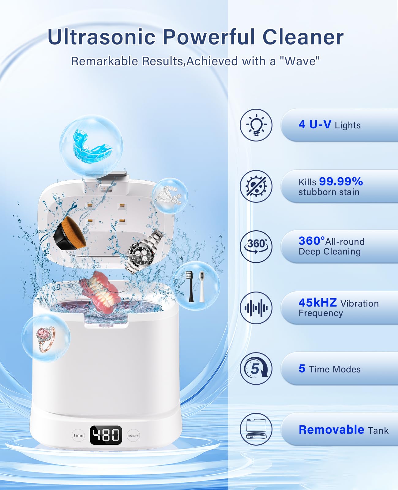 IAULF Ultrasonic Retainer Cleaner Machine – 45kHz Cleaning for Dentures, Aligners, Braces, Jewelry | 319ml (White)