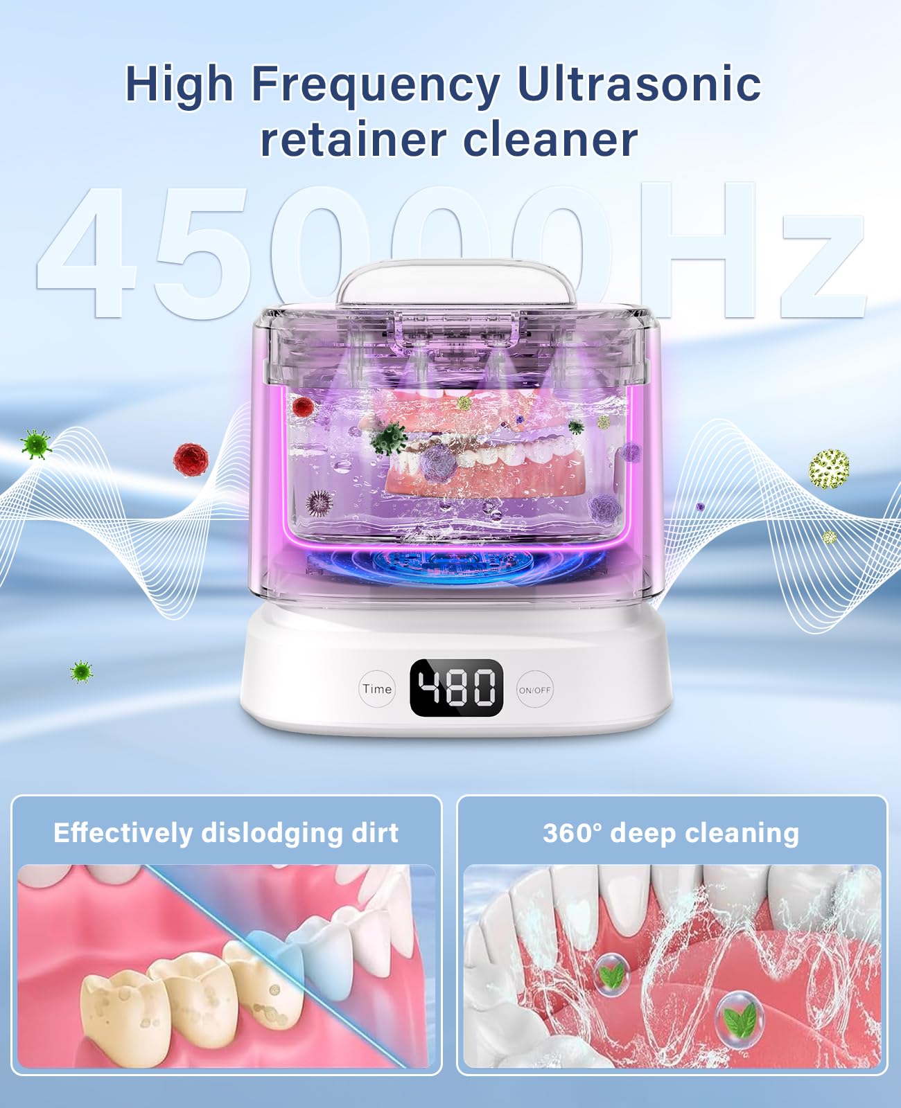 IAULF Ultrasonic Retainer Cleaner Machine – 45kHz Cleaning for Dentures, Aligners, Braces, Jewelry | 319ml (White)