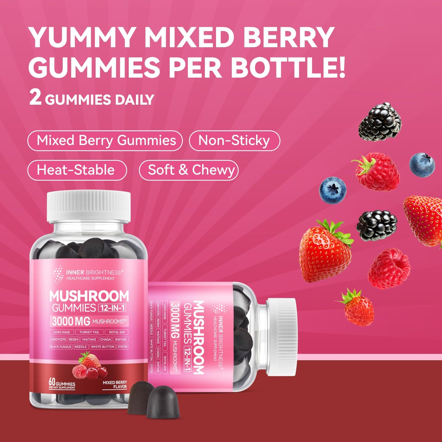Inner Brightness 12-in-1 Mushroom Gummies 3000mg – Focus & Energy, Mixed Berry, 60ct