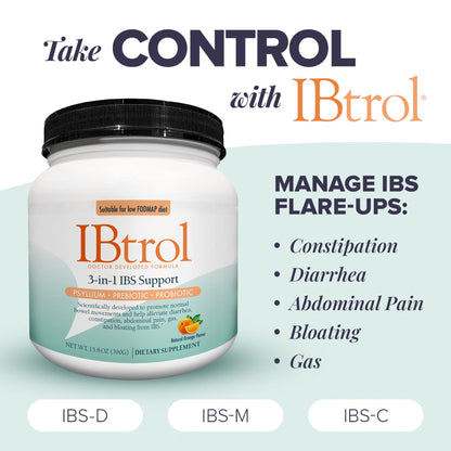 IBtrol 3-in-1 IBS Gut Health Supplement – Psyllium, Prebiotic & Probiotics | 60 Servings, Natural Orange