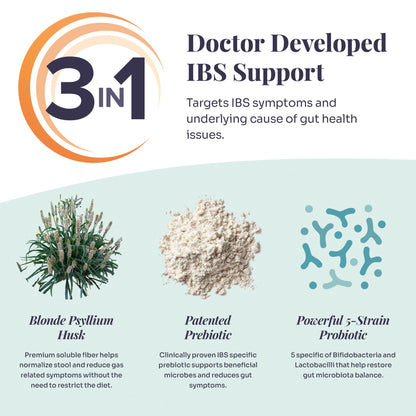 IBtrol 3-in-1 IBS Gut Health Supplement – Psyllium, Prebiotic & Probiotics | 60 Servings, Natural Orange