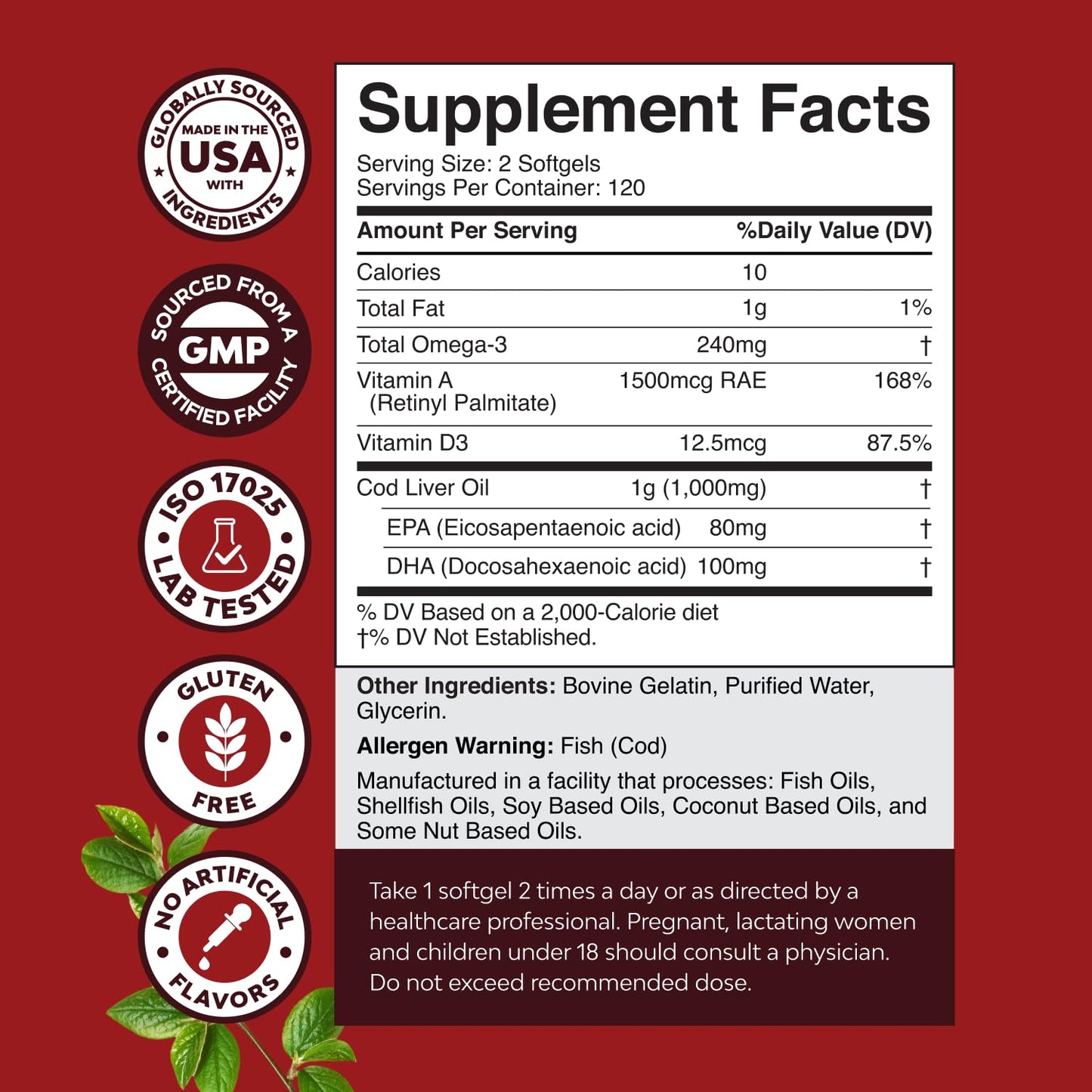 Icelandic Wild-Caught Cod Liver Oil Softgels – 1000mg Omega-3, EPA/DHA, Vitamin A & D – 240 Count