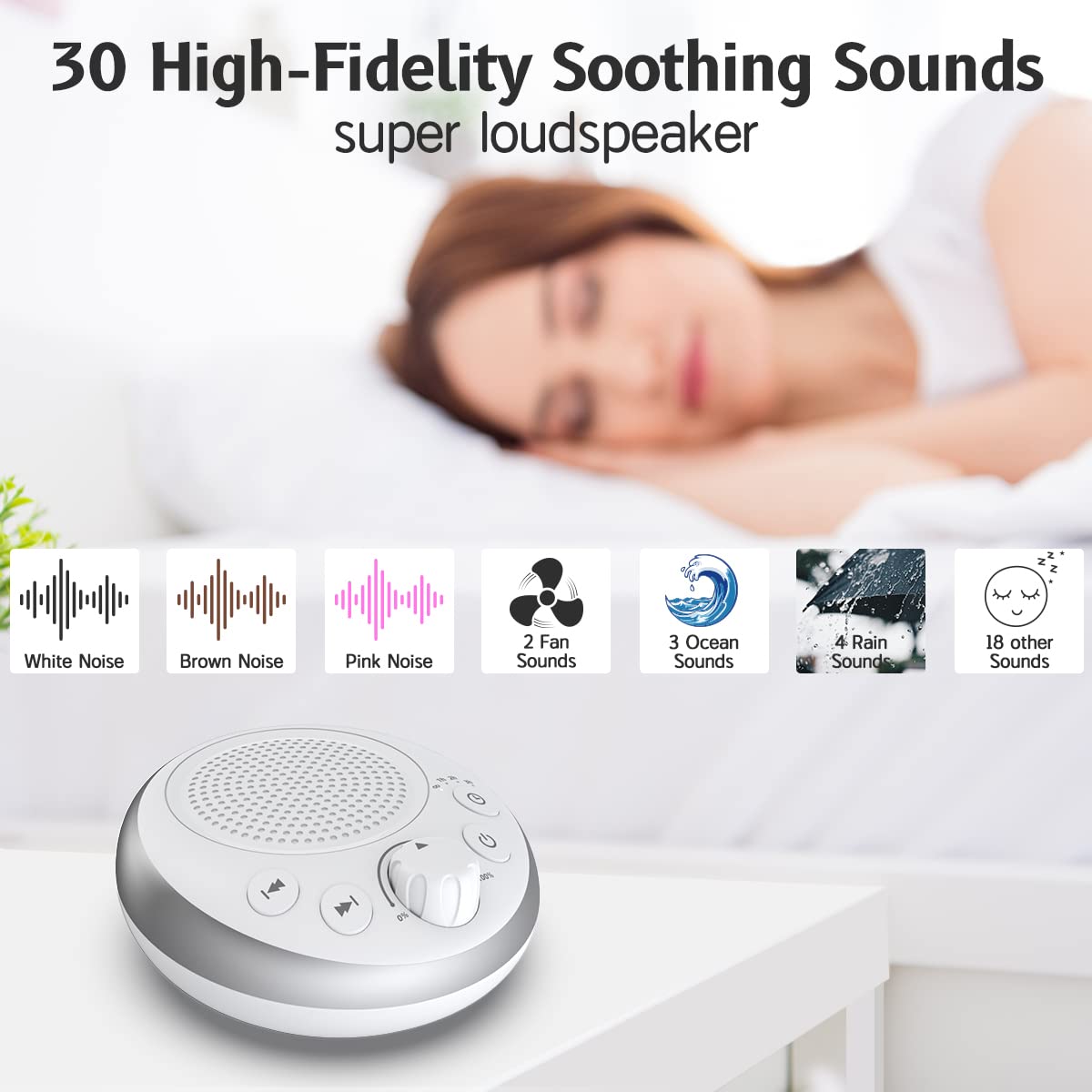 iDealSleep Pink Noise Machine — 30 Soothing Sounds, 36-Level Volume, Auto-Off Timer & Memory