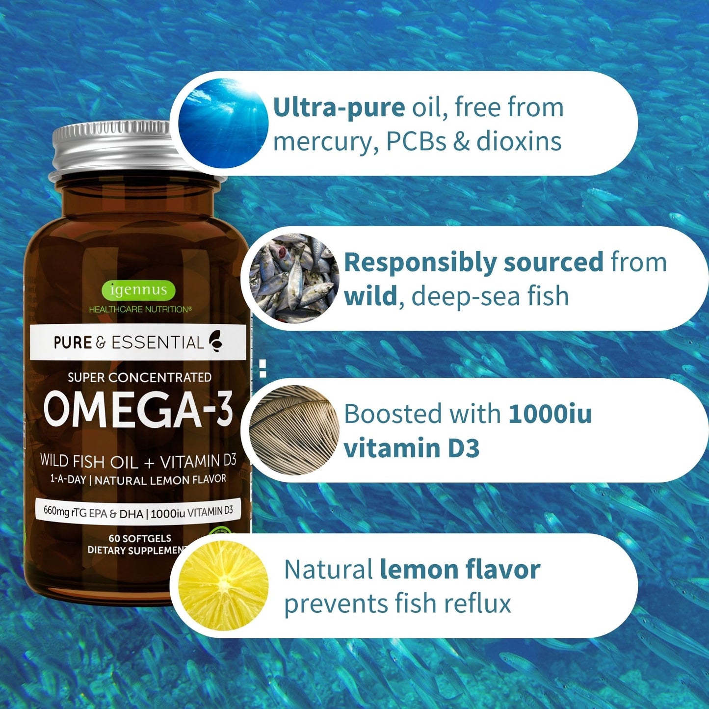 Igennus Advanced rTG Omega-3 + Vitamin D3 — IFOS Wild Fish Oil, 60 Softgels (1-a-Day)