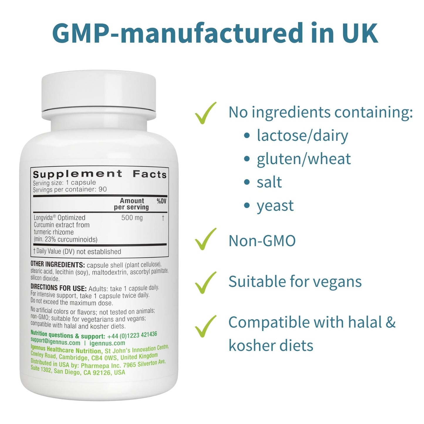 Igennus Longvida Curcumin 500mg – Ultra Bioavailable, 65x Plasma Levels, 90 Vegan Capsules