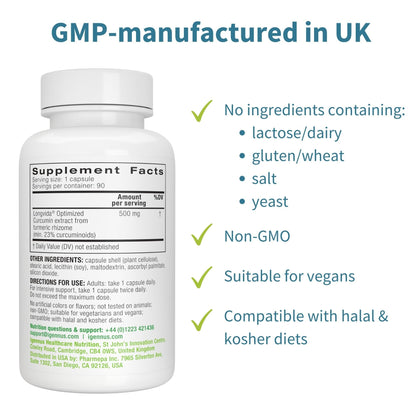 Igennus Longvida Curcumin 500mg – Ultra Bioavailable, 65x Plasma Levels, 90 Vegan Capsules