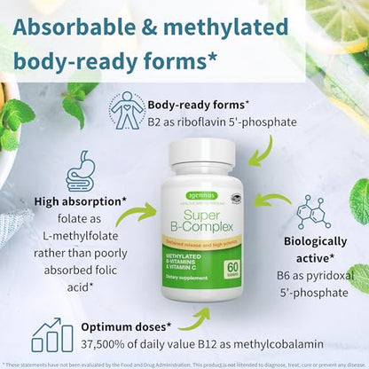Igennus Super B-Complex: Methylated B-Vitamins, MTHFR Support, Vegan, 180 Tabs