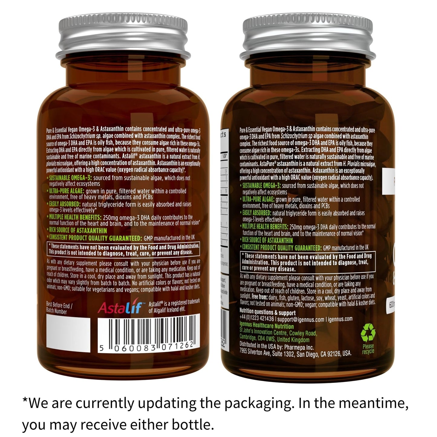 Igennus Vegan Omega-3 Algae Oil – DHA 400mg, EPA 200mg per Serving | 60 Softgels