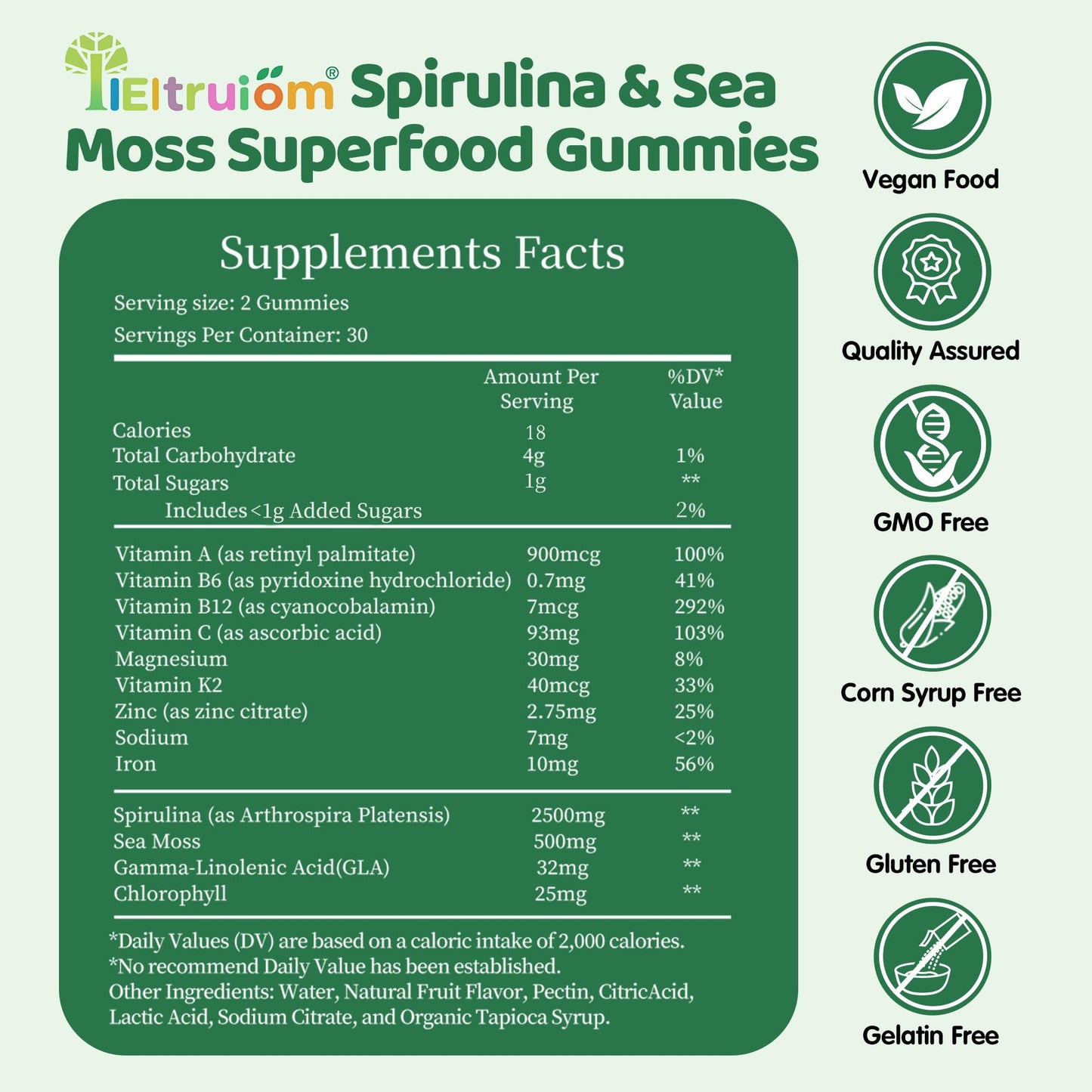 IIEltruiom Spirulina Gummies - Organic 2500mg Spirulina | Vegan, Non-GMO, Gluten Free, 120 Gummies