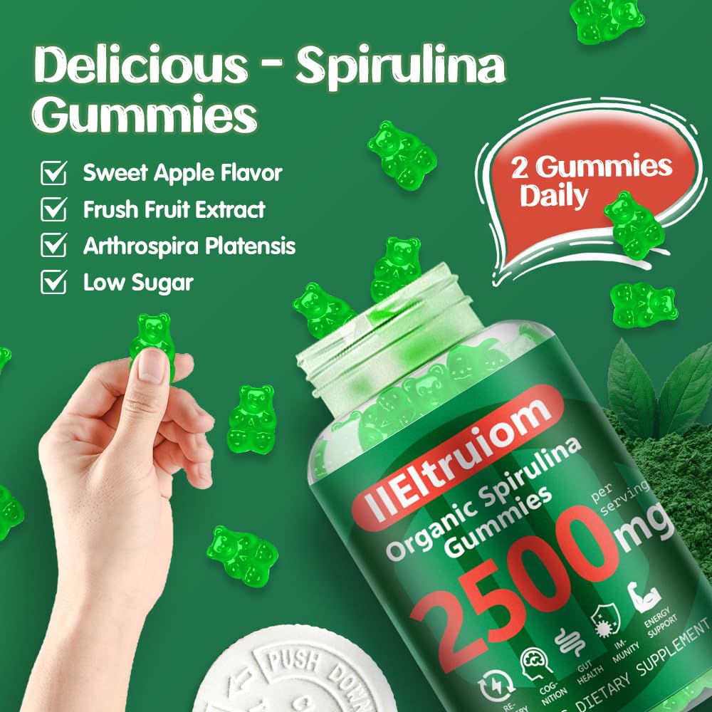 IIEltruiom Spirulina Gummies - Organic 2500mg Spirulina | Vegan, Non-GMO, Gluten Free, 120 Gummies