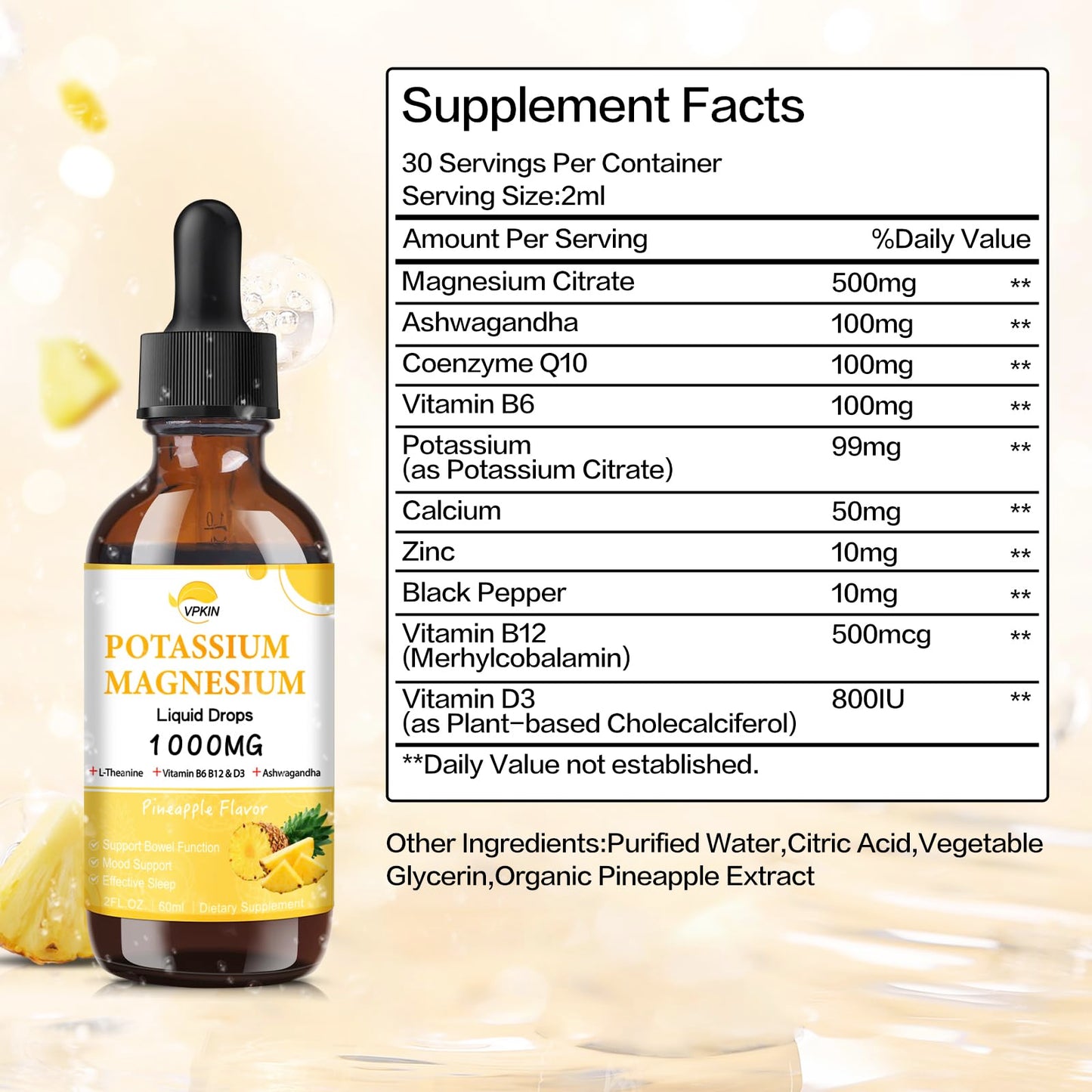 Potassium Magnesium Citrate Liquid Drops – Pineapple Flavor, 2 fl oz, 1000mg Mg