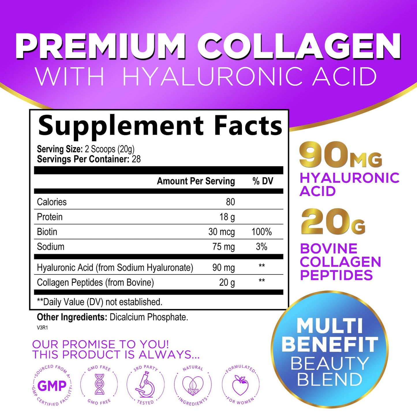 Collagen Peptides Powder 20g Unflavored – Grass-Fed Type I & III, Hyaluronic Acid & Biotin | 28 Servings