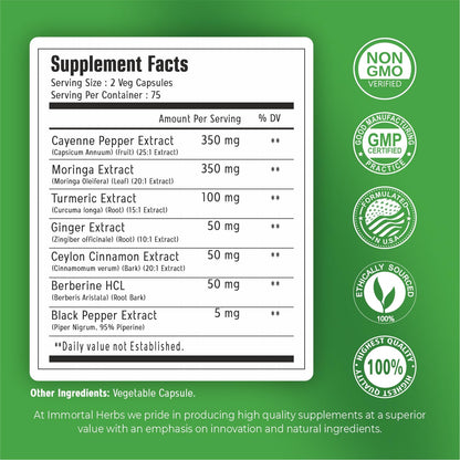 Immortal Herbs Cayenne Pepper Moringa Turmeric Ginger Capsules – 150 Pills