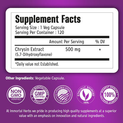 Immortal Herbs Chrysin 500mg – 120 Vegan Capsules | Non-GMO & Gluten-Free