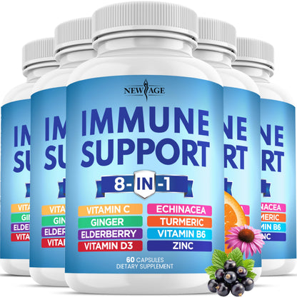 NEW AGE 8-in-1 Immune Support Capsules – Vitamin C, D3, Zinc, Elderberry (Pack of 5)