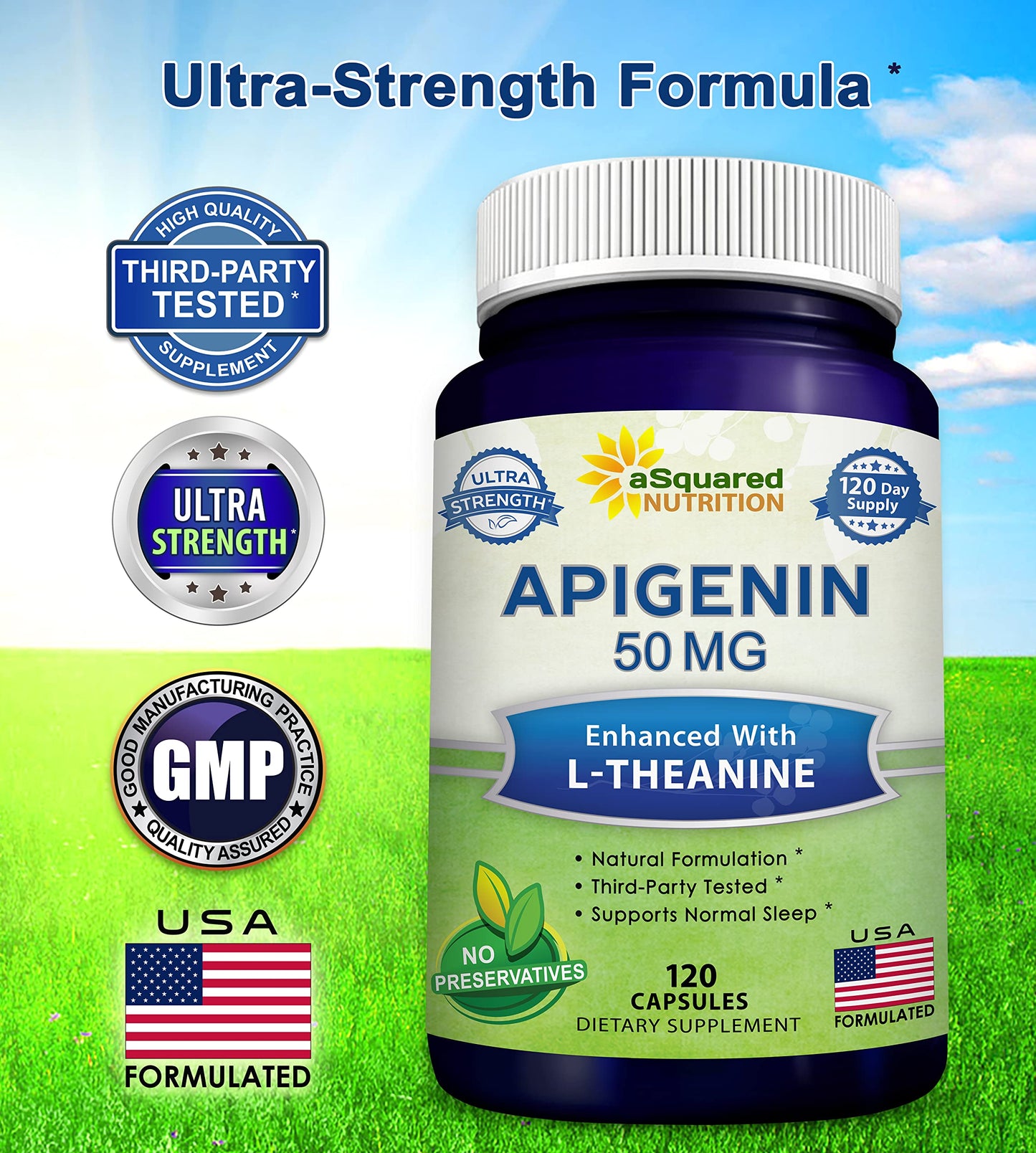 aSquared Nutrition Apigenin 50mg & L-Theanine 200mg – 120 Capsules for Sleep & Relaxation