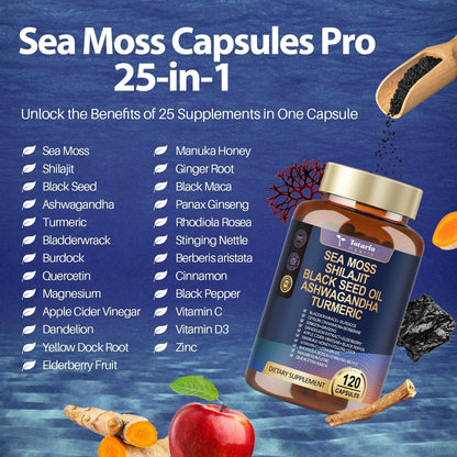 25-in-1 Sea Moss Capsules with Black Seed Oil, Ashwagandha – 120 Vegan Caps