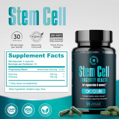 Premium Stem Cell Supplements 1,000mg (240 Caps) – Boost Immunity, Reduce Joint Soreness, Anti-Aging & Longevity with Spirulina & Chlorella