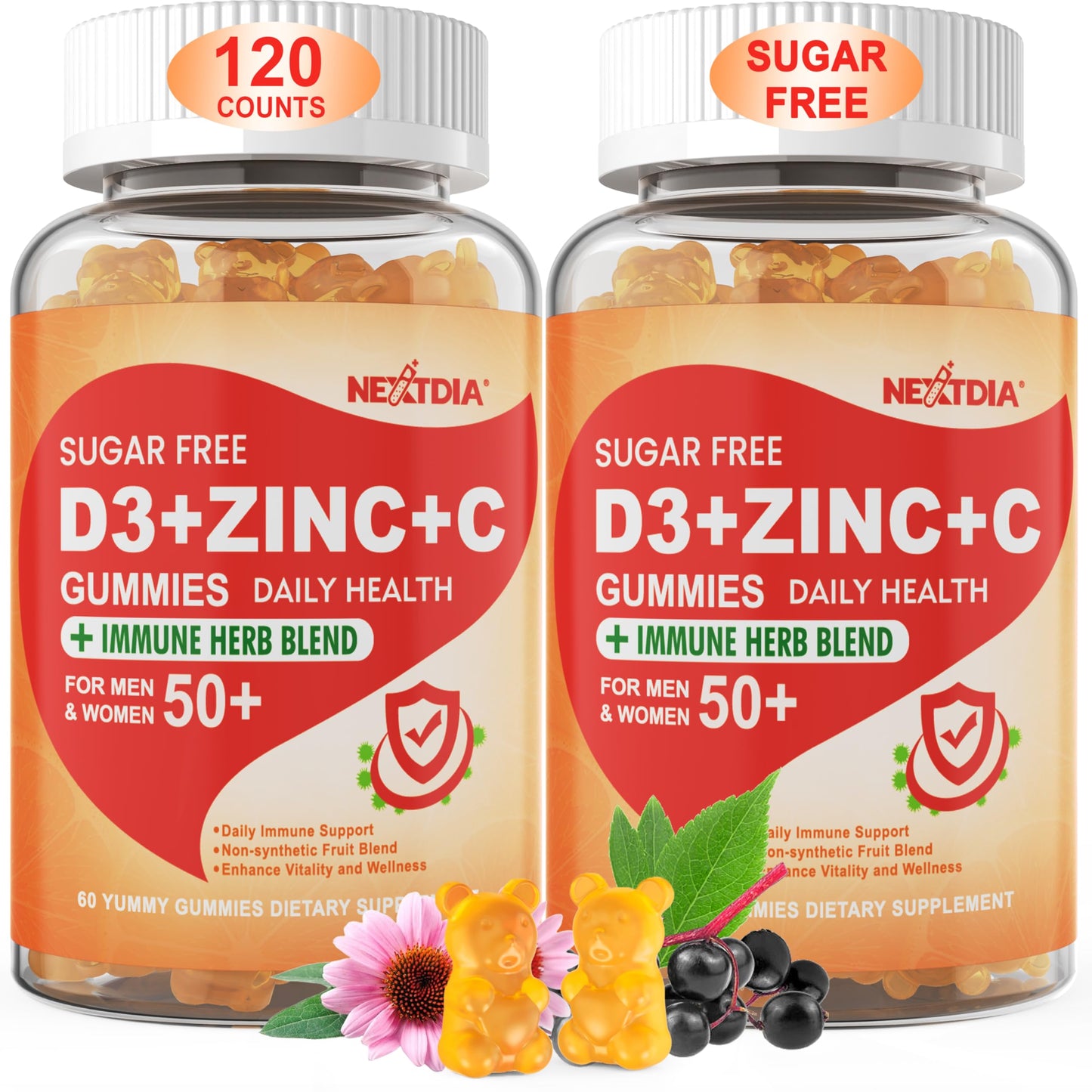 Sugar Free Vitamin C + D3 + Zinc Gummies for Adults 50+ | 9-in-1 Immune Defense (Vegan, Pack of 2)