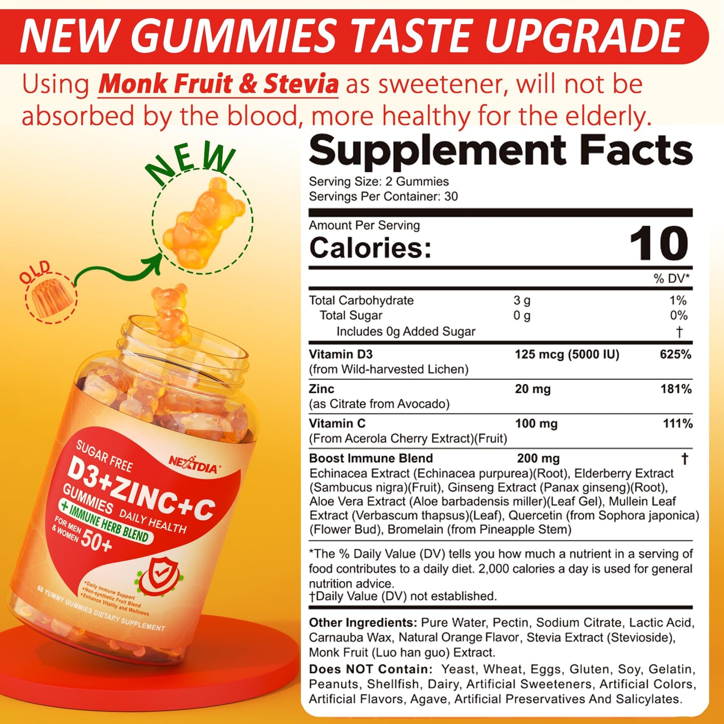 Sugar Free Vitamin C + D3 + Zinc Gummies for Adults 50+ | 9-in-1 Immune Defense (Vegan, Pack of 2)