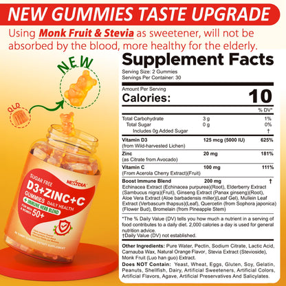 Sugar Free Vitamin C + D3 + Zinc Gummies for Adults 50+ | 9-in-1 Immune Defense (Vegan, Pack of 2)