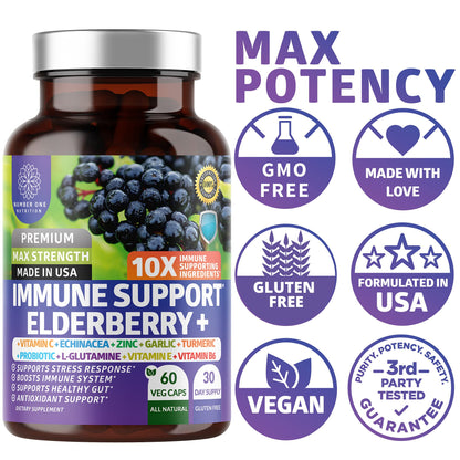 Premium 10-in-1 Immune Support Supplement with Elderberry & Probiotics – 60 Veg Caps