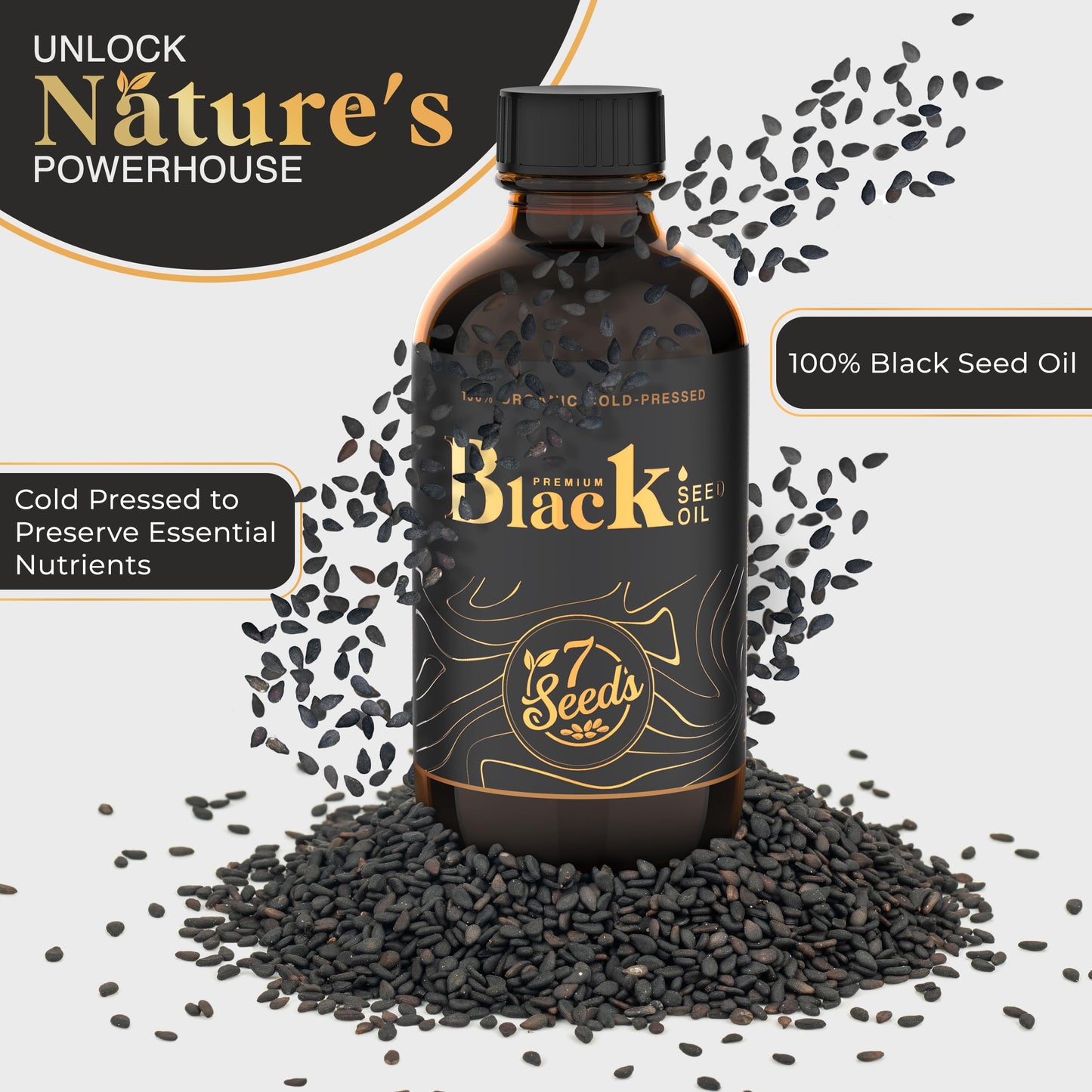 7 Seeds Cold Pressed Black Seed Oil - 240 ml Cold Pressed Nigella Sativa Liquid for Immune Support, Inflamation Support, Digestion, Hair & Skin (8 Fl Oz)