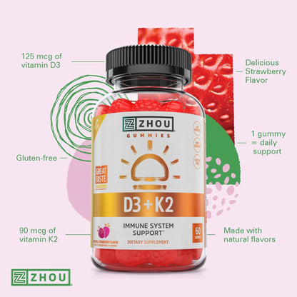 Zhou D3+K2 Gummies – Vitamin D3 & K2 for Immune, Bone & Heart Health | Gelatin-Free, 60 Veggie Gummies (5000 IU D3 + MK-7)