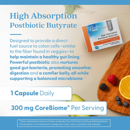 Doctor's Best High Absorption Postbiotic Butyrate with Corebiome – Gut & Immune Health | Non-GMO, Gluten Free, Soy Free, Vegan | 30 Veggie Caps