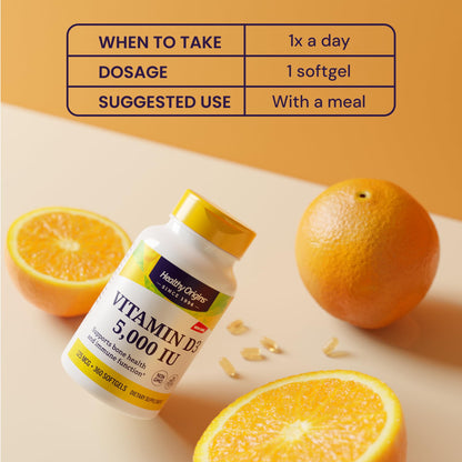 Healthy Origins Vitamin D3 5,000 IU Softgels (Lanolin) – Gluten-Free, Easy Absorption – Bone & Immune Support – 540 Softgels