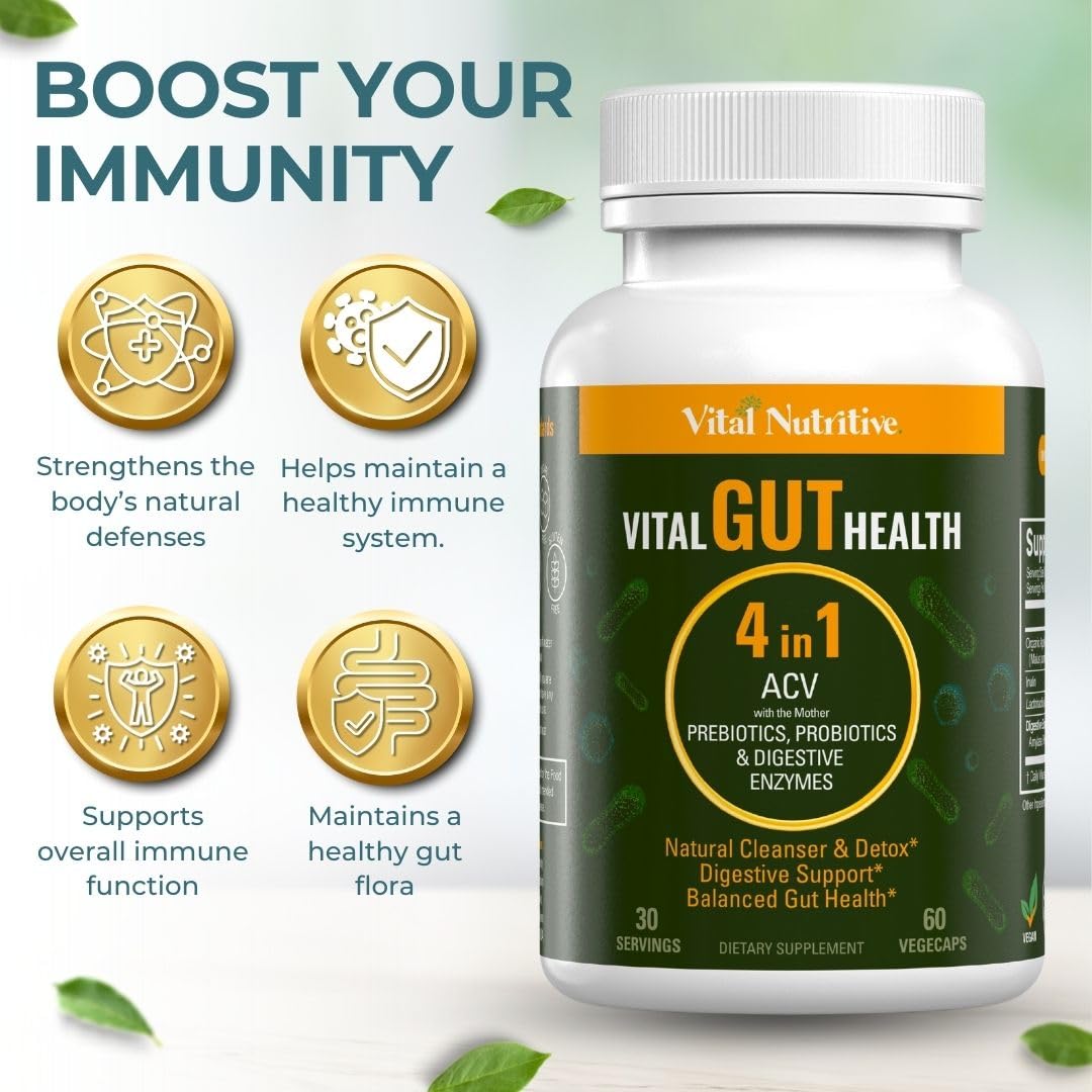 Vital Gut Health 4-in-1 Formula with ACV, Prebiotics & Probiotics | Digestive Enzymes | Vital Nutritive