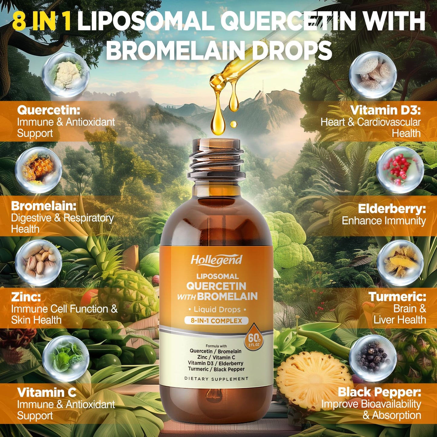 Liposomal Quercetin with Bromelain Liquid Drops – 8-in-1 Organic Immune Support (2 oz)