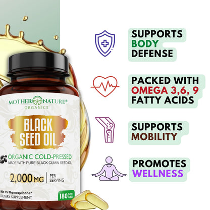 Mother Nature Organics Organic Black Seed Oil Capsules 1000mg – 180ct, 3-Month Supply, Cold-Pressed Nigella Sativa from Turkey